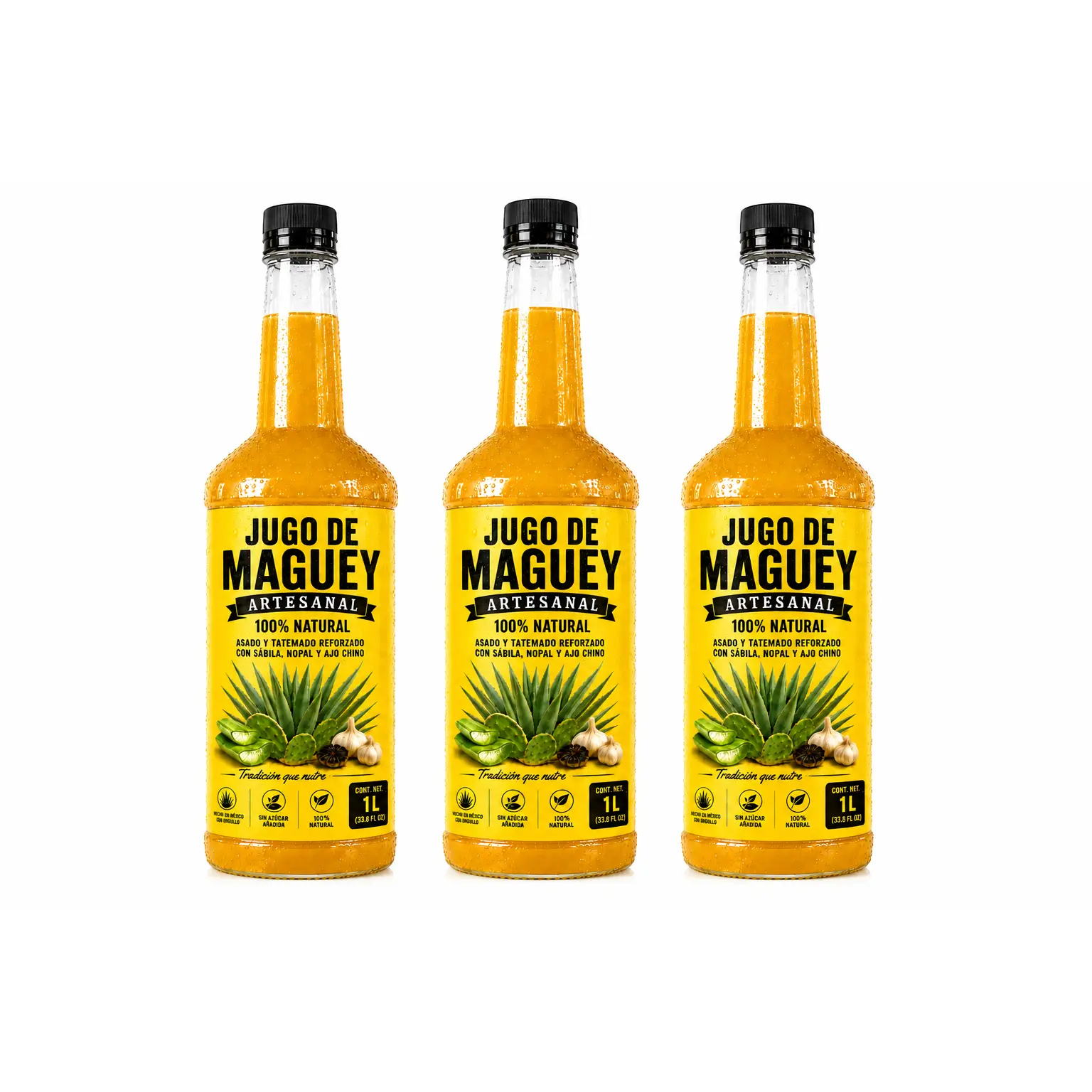 Jugo de Maguey PREMIUM Artesanal 3 Bottle Pack -  100% Natural Botanical Beverage with Roasted Maguey Aloe Vera Nopal & Garlic 1 Liter Bottle