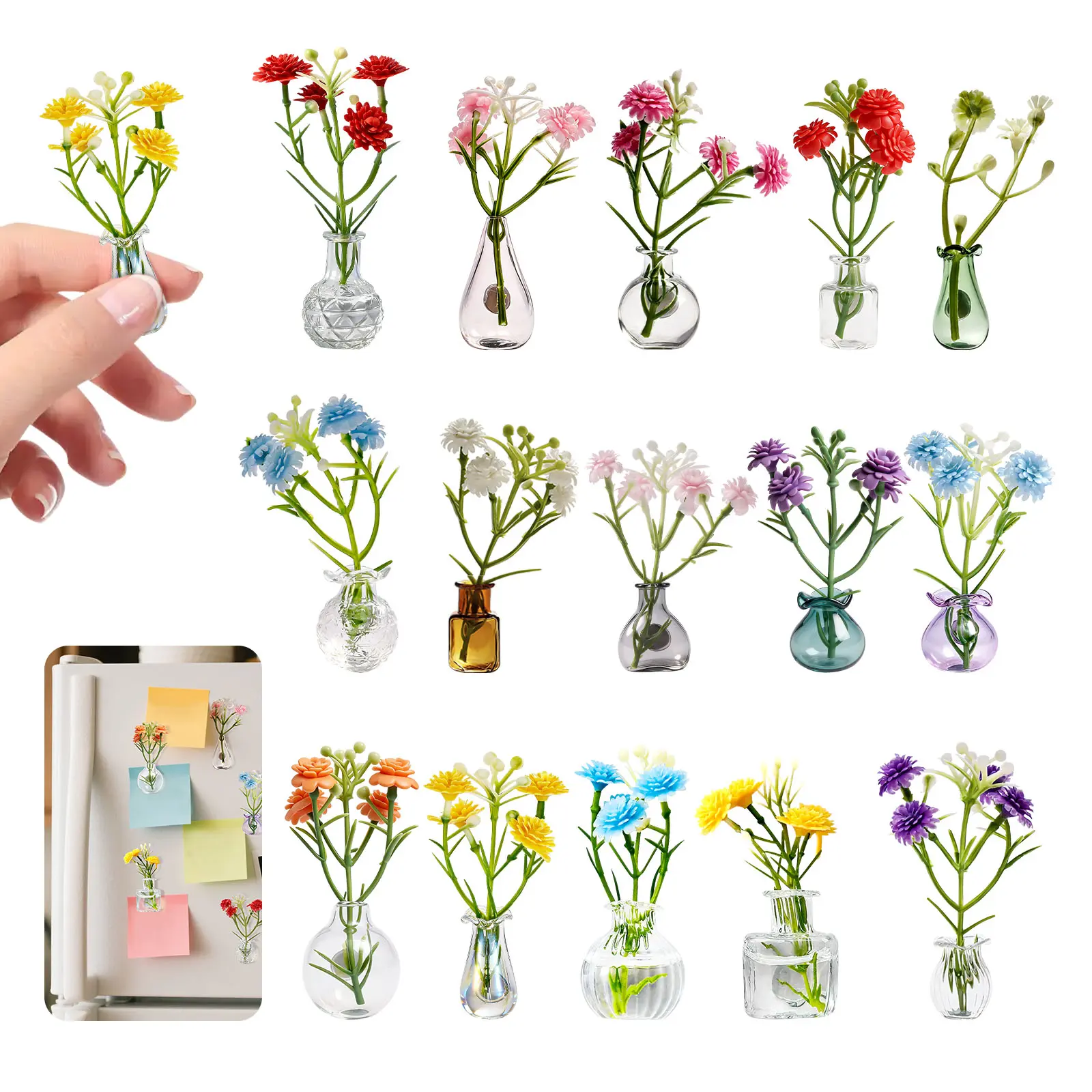 15Pcs 3D Mini Vase Magnet - Cute Tiny Glass Vase Magnet with Flowers, Decorative Tiny Magnetic Flower Vase for Fridge Kitchen Office Decor