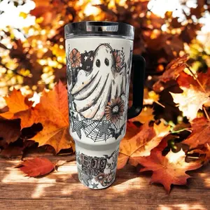Boo 40oz Tumbler with Unique Design Featuring a Ghost and Floral Patterns in Autumn Setting Flasks Beverage