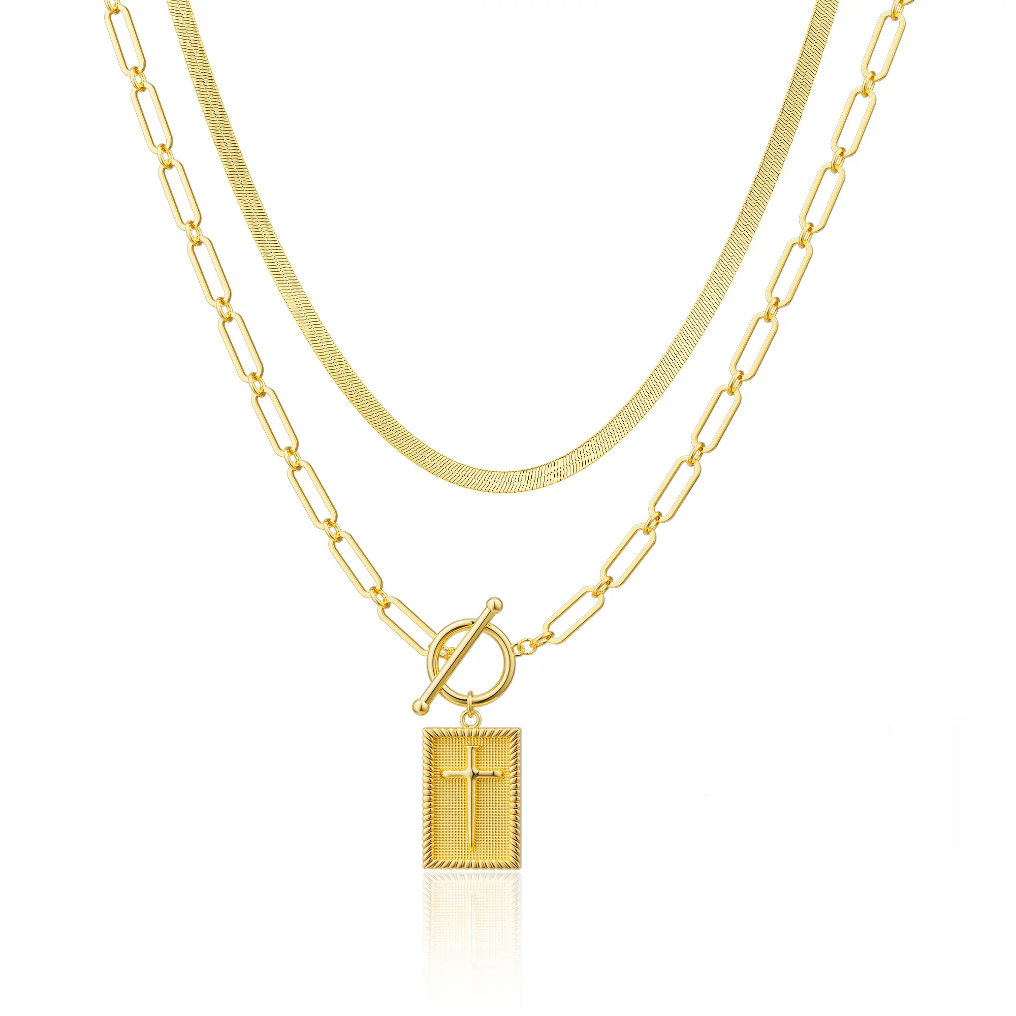 Loyalove Square Cross Choker Necklace and Dainty Gold Herringbone Set for Womern -Thick Chunky Paperclip Chain, Cuban Link Chain, Hip Hop Fashion Jewelry, Trendy Valentine's Day gift