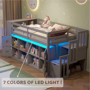 [Bellemave]TWIN SIZE LOW LOFT BED WITH SHELVES, STORAGE HEADBOARD, AND STAIR OF GREY COLOR