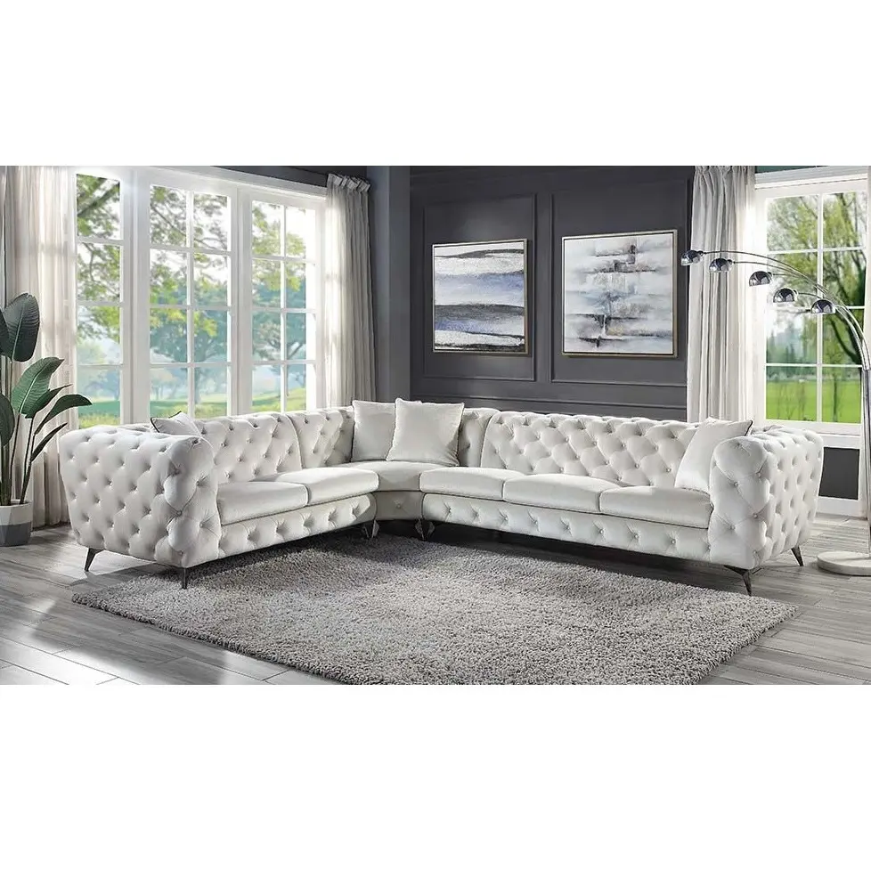 Acme LV01160 Brayden Studio Atria 3-Piece Chesterfield-Style Beige Tufted Design Sectional Sofa - Indoor Living Room Furniture