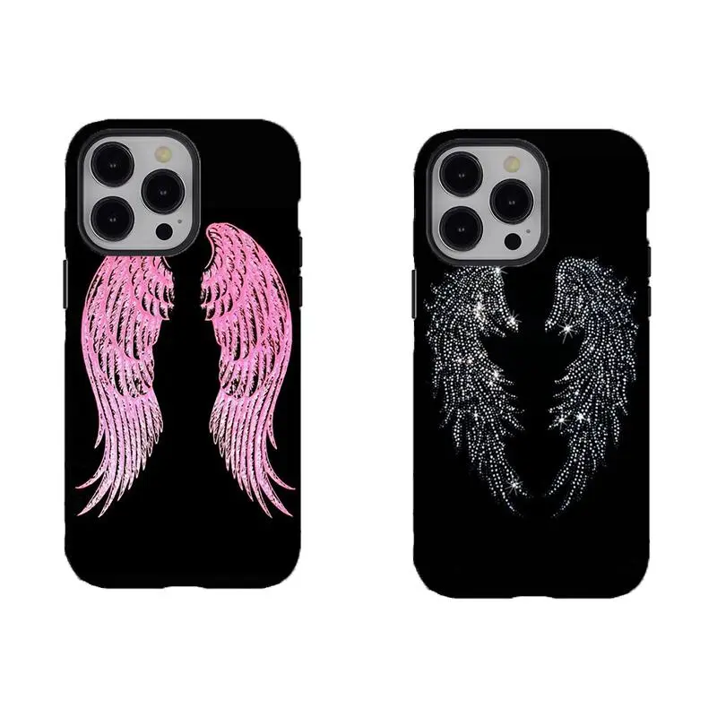 [No magnetic]  Sparkle Angel Wings Phone Case,Pink & Silver Rhinestone Print Dual-Layer design durable phone Cover,for iPhone 17 16 15 14 13 12 11 8 7 for Samsung Series,Shockproof Protective hard Cover,perfect gift for her