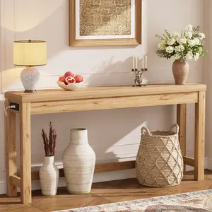 63" Long Console Table with Power Outlets, Wooden Narrow Entryway Table Sofa Table Behind Couch for Entrance/Hallway/Living Room