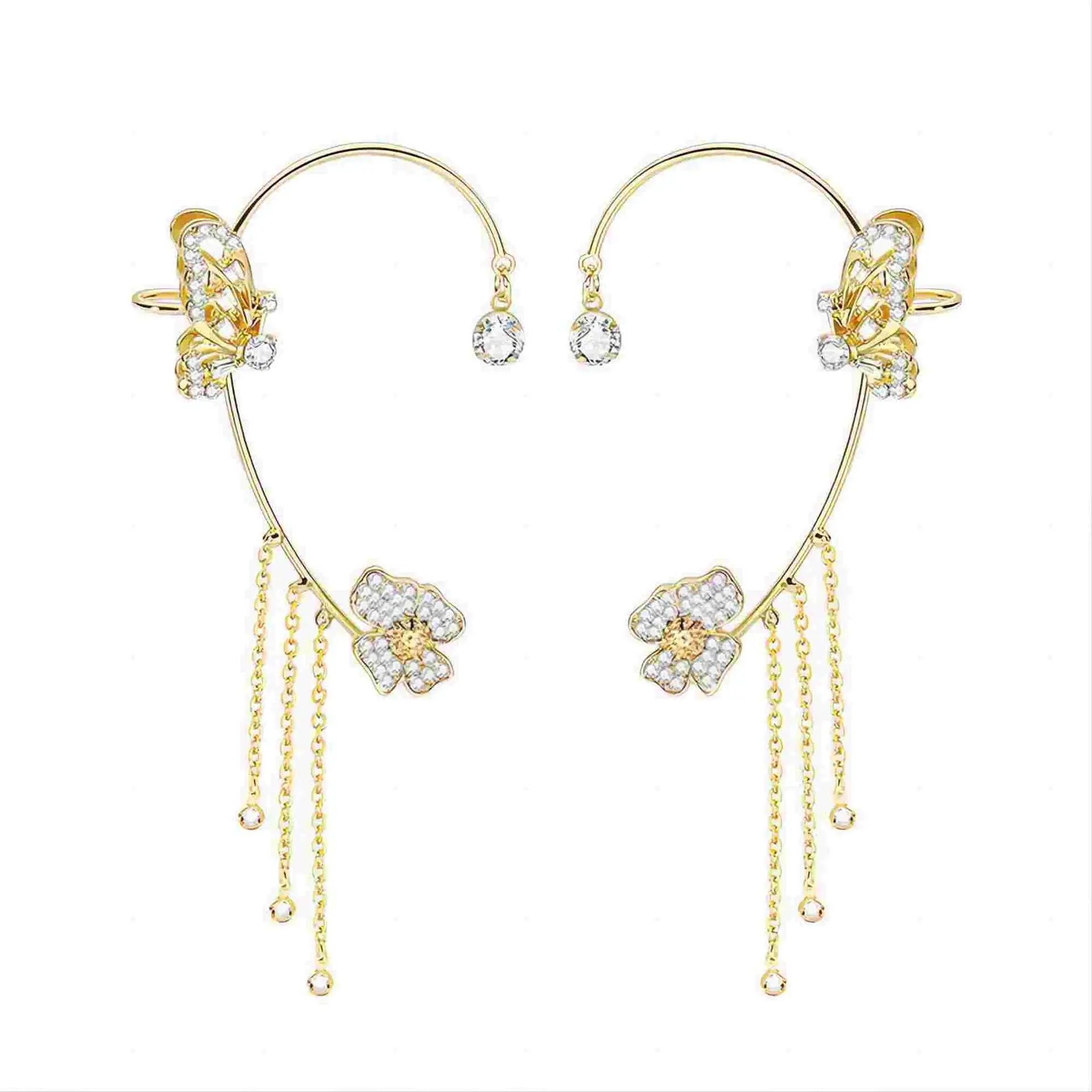 Fairycore Butterfly Tassel Earrings Clip Rhinestone Trendy Ear Clips