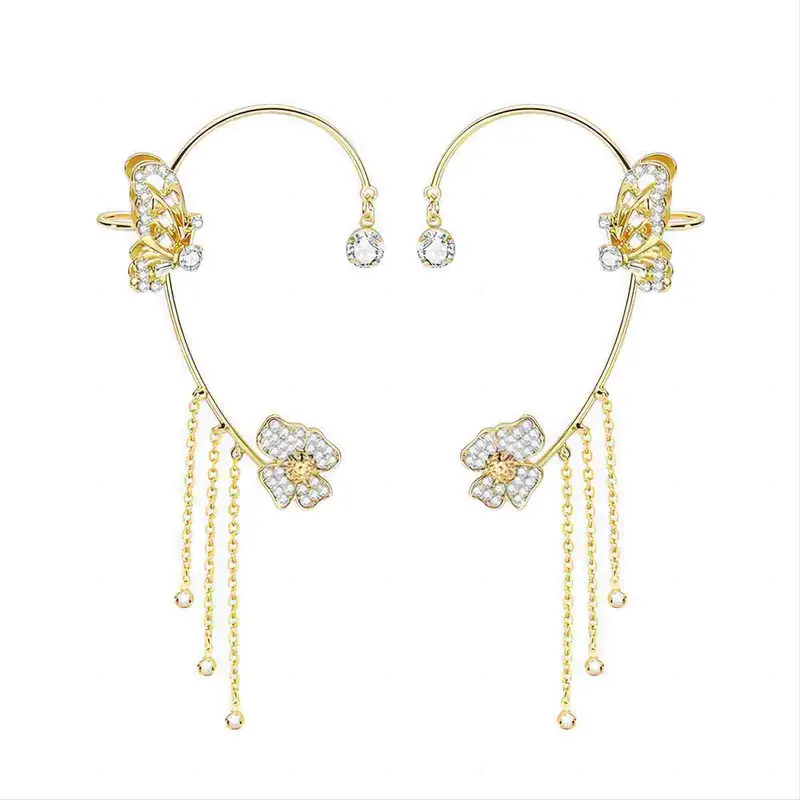 Fairycore Butterfly Tassel Earrings Clip Rhinestone Trendy Ear Clips