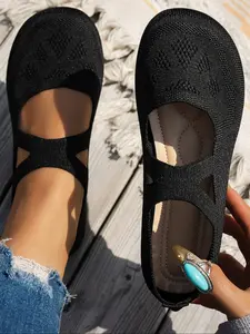 Women's New Round Toe Knit Ballet Shoes, Adjustable Flats, Plain Design, Crossed Elastic Strap, Breathable Mesh, Slip-On Comfort, Casual Daily Wear