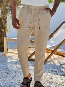 Men's Casual Linen Tie-Waist Pants, Breathable Loose-Fit Sport Long Trousers, All-Season American Beach Style, Solid Pattern, Casual Outdoor Trouser, Beach Vibe Pants