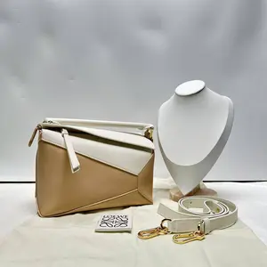 Pre-owned Loewe Calfskin Crossbody Bags Puzzle Small Top Handle Beige/White GIA1122