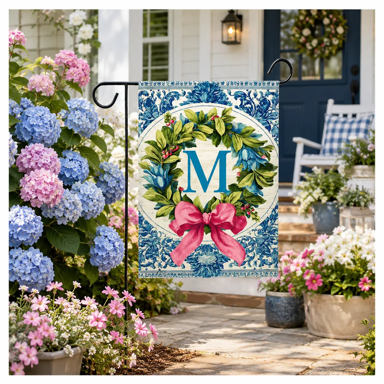 Custom Monogram Garden Flag, Personalized A-Z Initial Yard Flag, Blue Floral Wreath Outdoor Decor