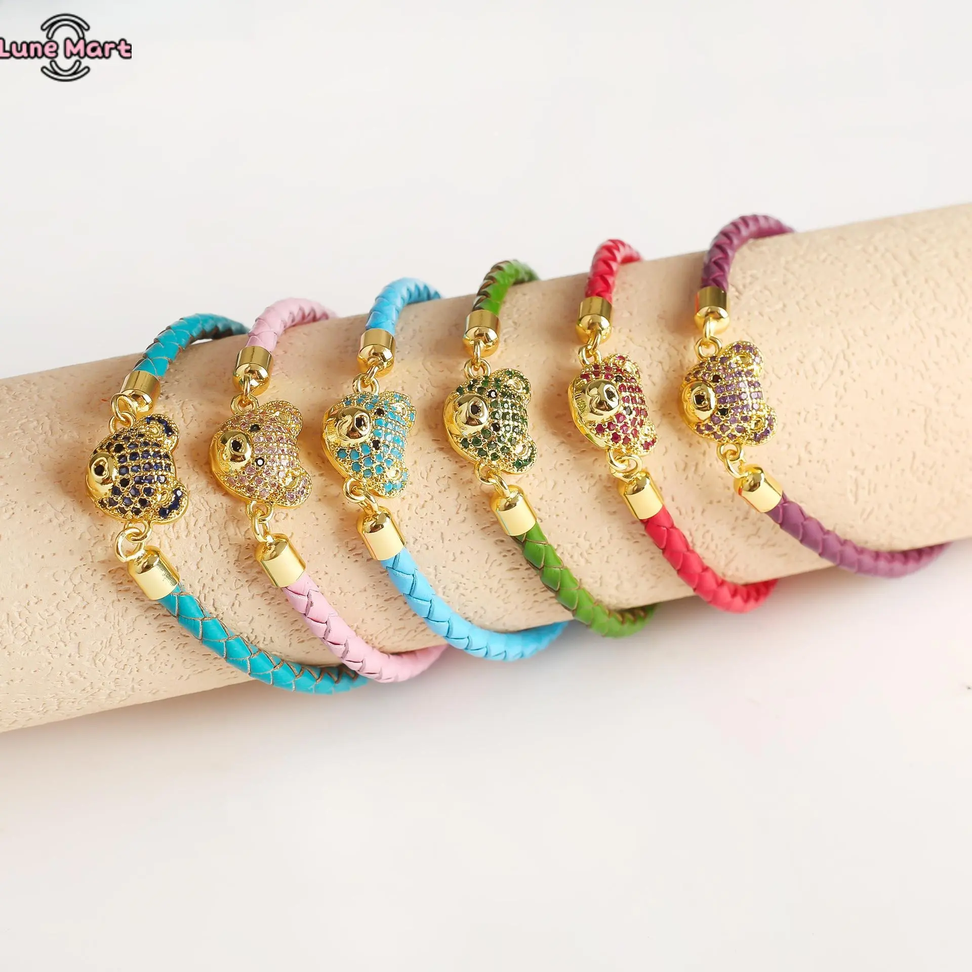 LuneMart Women's Multicolor Braided Leather Bear Charm Bracelet - Gold-Plated Crystal-Inlaid Bear Pendant Wristband, Adjustable Animal Charm Boho Costume Jewelry Gift, Bracelets & Bangles, Animal Charm Bracelets & Bangles, Boho Braided Bracelets & Bangles
