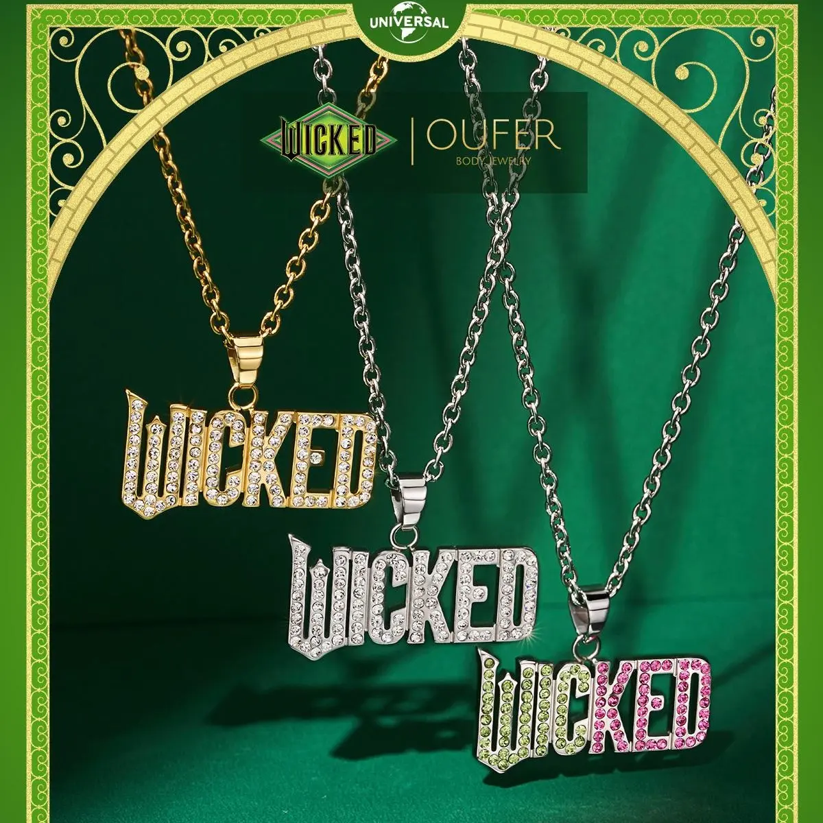 WICKEDXOUFER 18K Gold Plated Stainless Steel Non-Tarnish Wicked Letter CZ Necklace for Women 45cm+9cm Length