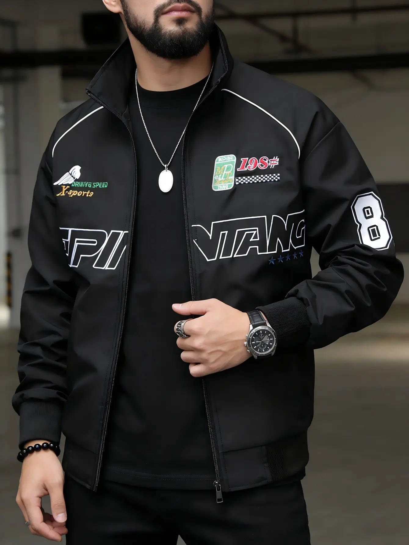 Men’s Aesthetic Flag Checkered Embroidered Racing Jacket - Sporty Vintage Letter Embroidery, Stand Collar, Windproof, Street-Style Zip Motorcycle Coats, Sports Outerwear Tops, Print, Retro, Racing Men's Sports Jacket