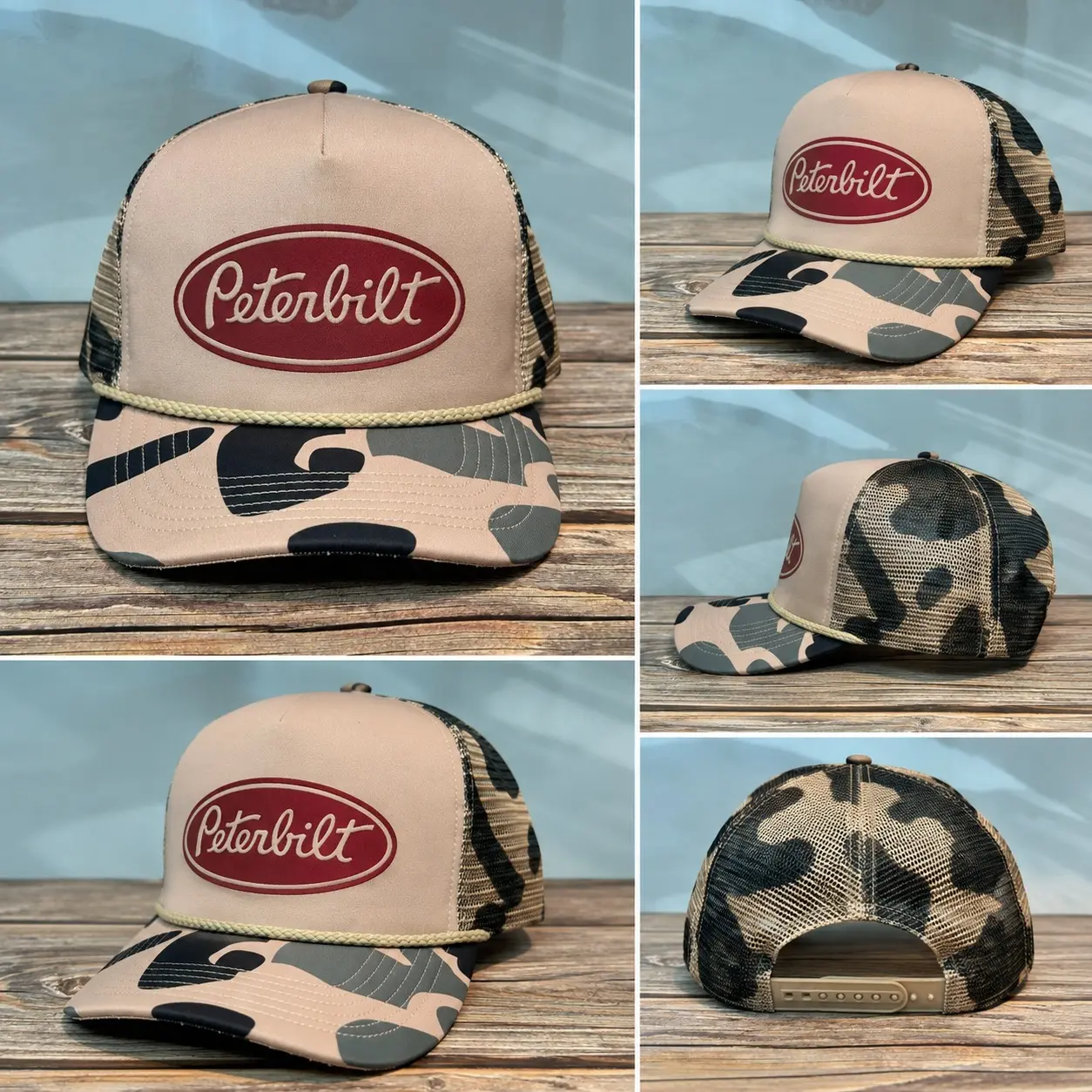 Peterbilt Camo Trucker Hat, Vintage Logo Mesh Back Cap, Camouflage Rope Hat, Adjustable Outdoor Truck Driver Baseball Cap for Men