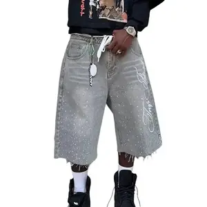 Men's summer casual denim shorts knee length fashionable letter embroidered rhinestone denim shorts fashionable streetwear fabric women's high waist straight cut high-end elastic denim tight fitting details bottom cuttingRAIMENTRY