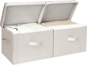 StorageWorks Fabric Storage Bins with Lid, Decorative Storage Boxes for Shelves, Stackable Closet Organizer Basket with Handles, Large, Khaki and Beige Stripes, 2-Pack