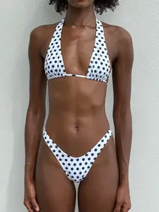 002 Halter Bikini Top - White Polka Dot