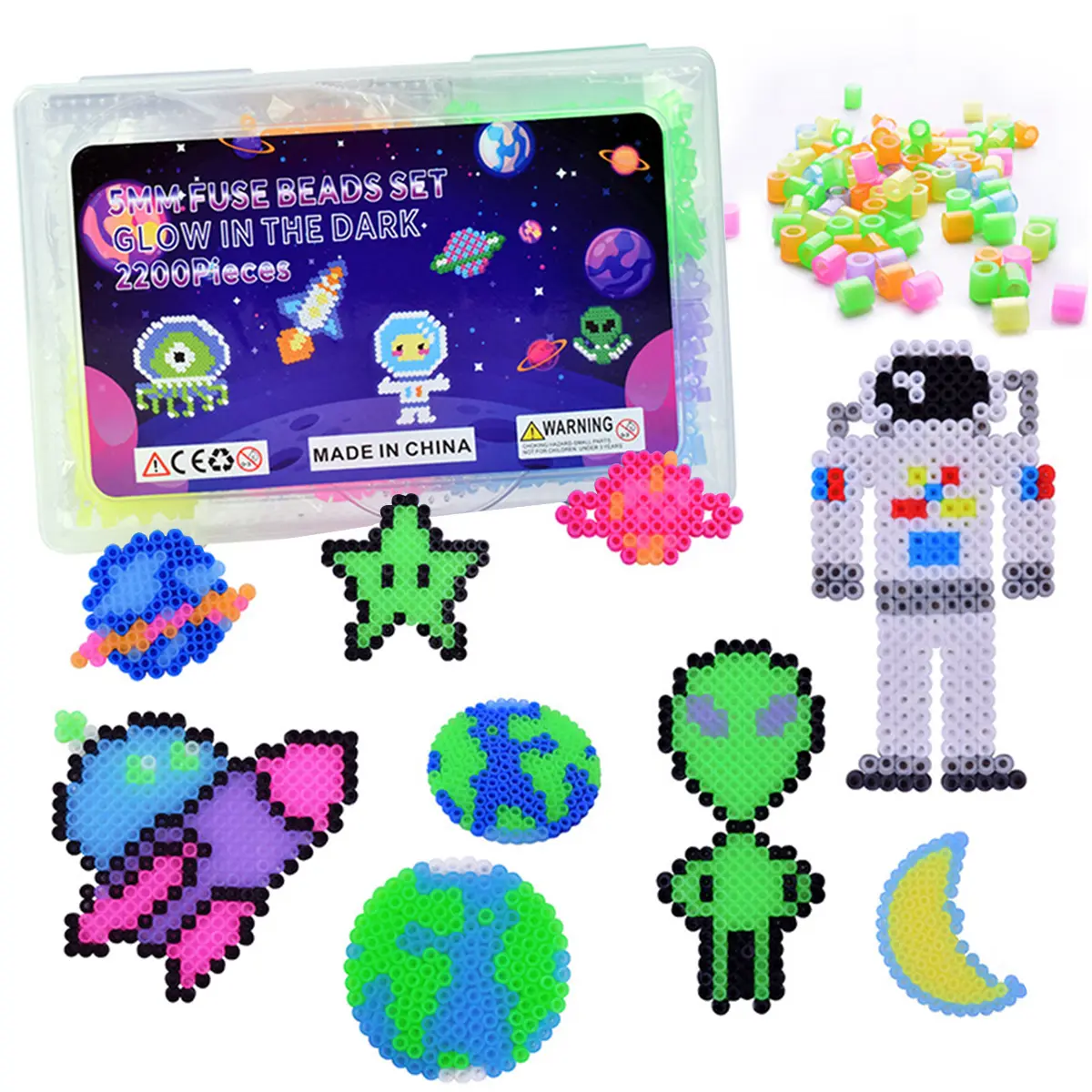 Glow in The Dark Fuse Beads Kit 2200pcs, Space Alien Iron Beads with Pegboard for Kids DIY Crafts Decorations Birthday Christmas Gifts