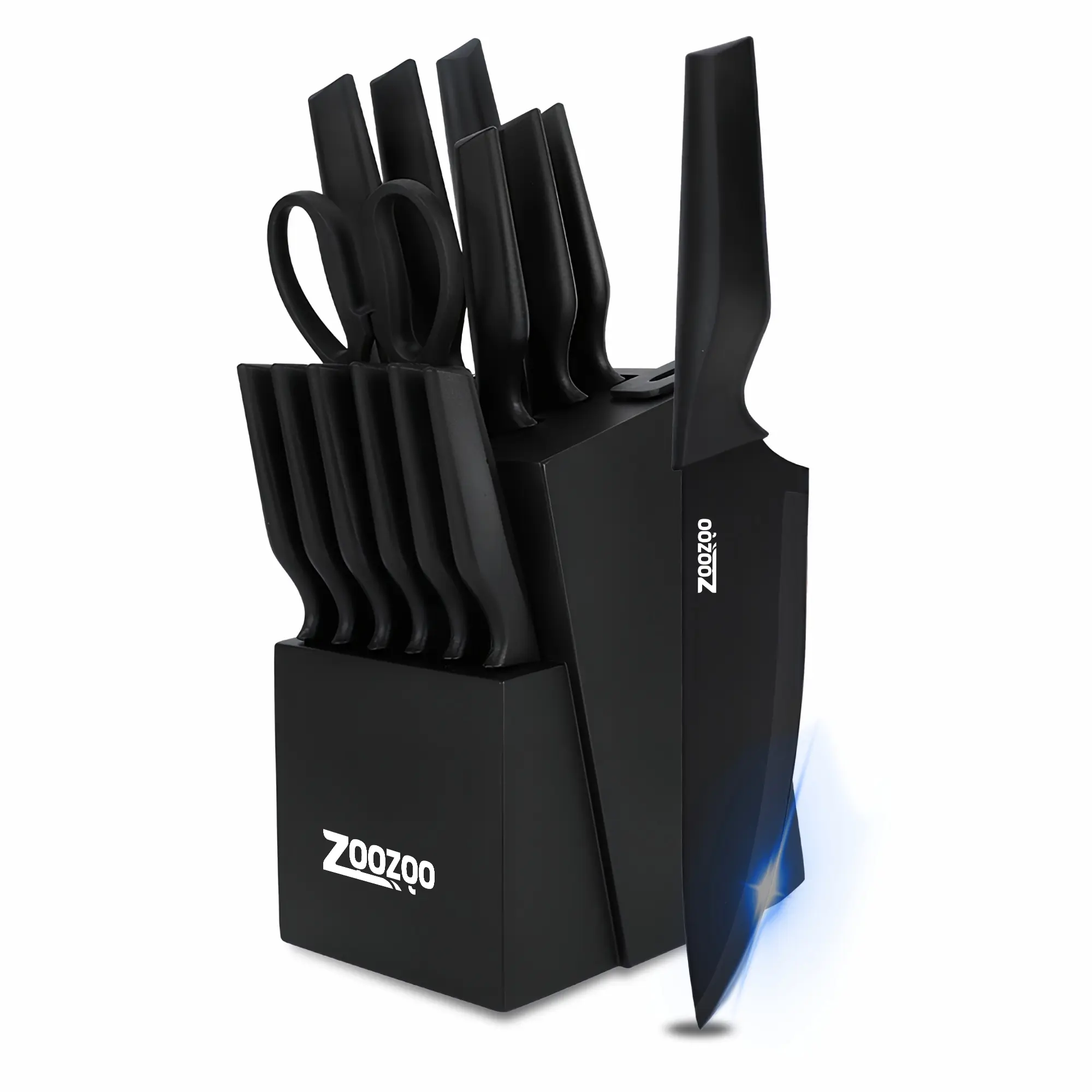 HUNTER.DUAL 15-Piece High Carbon SS Multi-Blade Steak Knives Kitchen Set, Self-Sharpening Wood Block, Sharpener, Ergonomic Anti-Slip Handle, Dishwasher Safe, 15 pcp-black, for Camp Kitchen Camping, Self-Sharpener, Durable, Stainless Steel Resists Rust, Lo