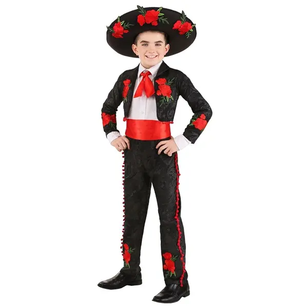 Kids' Traditional Mariachi Costume, Polyester Suede with Embroidered Roses, Elastic Waist for Festivals
