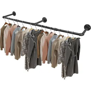 Industrial Pipe Clothes Rack, Heavy Duty Detachable Iron Garment Rack Wall Mounted, Rustic Saving Space Clothes Bar Multi-Purpose Hanging Rod for Bedroom, Closet, Black (50 Inch) Laundry