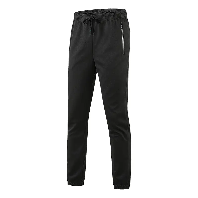 Men's Minimalist Fitted Jogging Pants - Black Drawstring Elastic Waist Trousers with Zipper Detailing, Drawstring Elastic Waist Men's Pants
