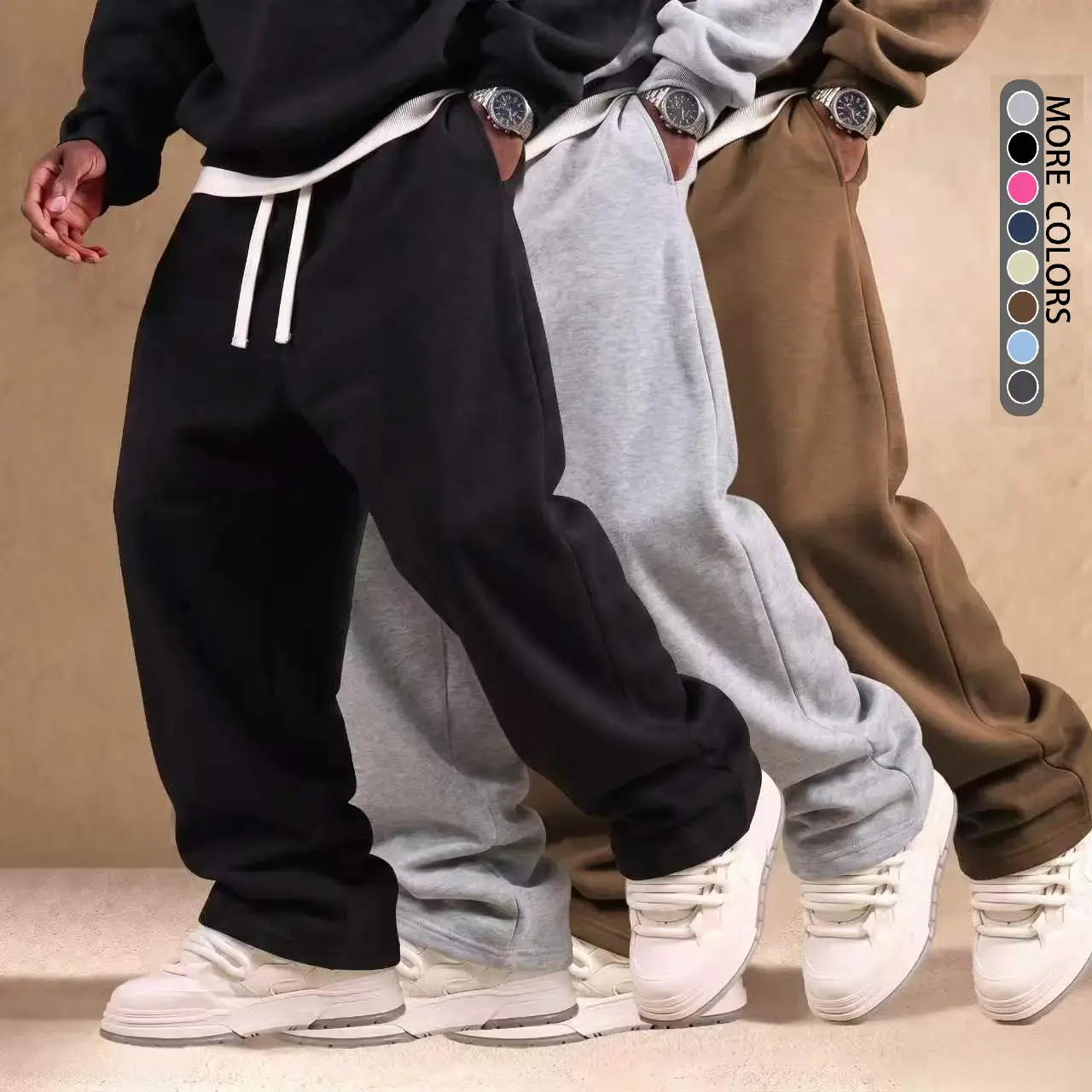 (1-2-3PCS)Newly upgraded fabric Men's athletic pants, beige wide-leg loose fit sweatpants with drawstring waist, ultra-soft men's apparel suitable for running and fitness, fashionable activewear/clothing, sports casual workout pants, loose jogging pants