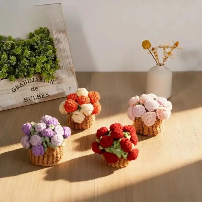 Handmade Crochet Flower Bouquet Coaster, Dual-use Knitted Yarn Cup Mat, Foldable Decorative Table Placemat, Cute Aesthetic Home Table Ornament, Warm Creative Gift for Mom Grandma, Perfect for Home Decor, Holiday Present & Daily Desktop Use
