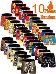 Men's Breathable Comfort Boxers Underwear Set, Digital Print Cartoon & Geometric Design, Pack of 10, Ideal for Daily Wear & Sports Activities