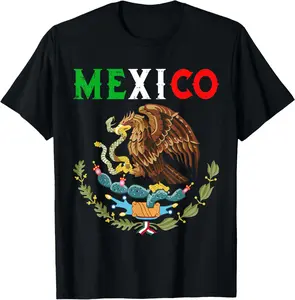 Women's Round Neck Short-Sleeve T-Shirt - Mexico Eagle Print, Viva Mexico Independence Day Chic Streetwear, Light Soft Fabric Casual Summer Women's Clothes Top for Sun Occasions, Shortsleeve Tshirt Coat Alternative