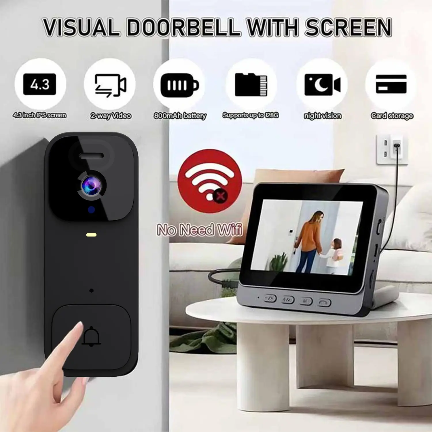 X7 Smart Video Doorbell, 4.3 Inch Color Screen, HD Video Intercom Monitor, Visual Intercom, Long Battery Life, No Network Needed, Supports Two-Way Audio