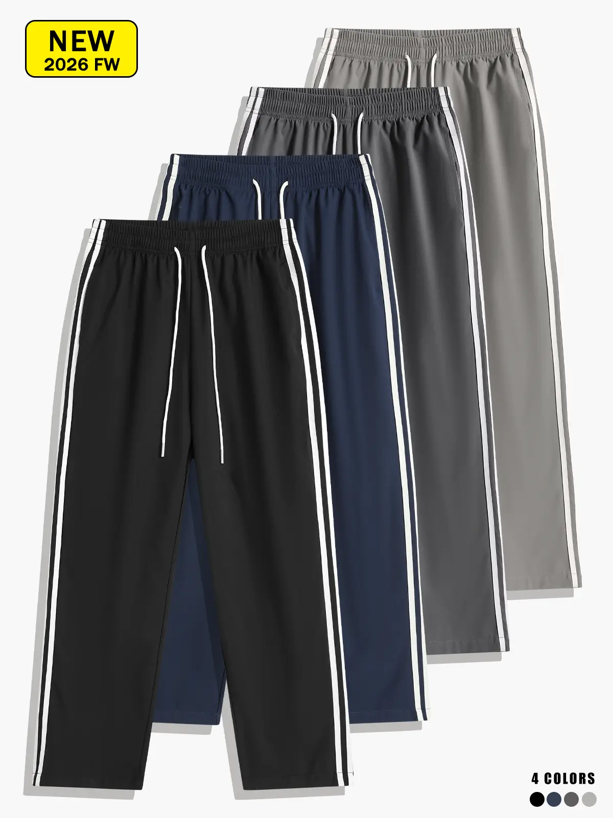 Men Lightweight Side Double White Stripe Track Pants, Elastic Drawstring Waist Loose Wide Straight Leg Sweatpants, Street Fashion Casual Workout Daily Trousers