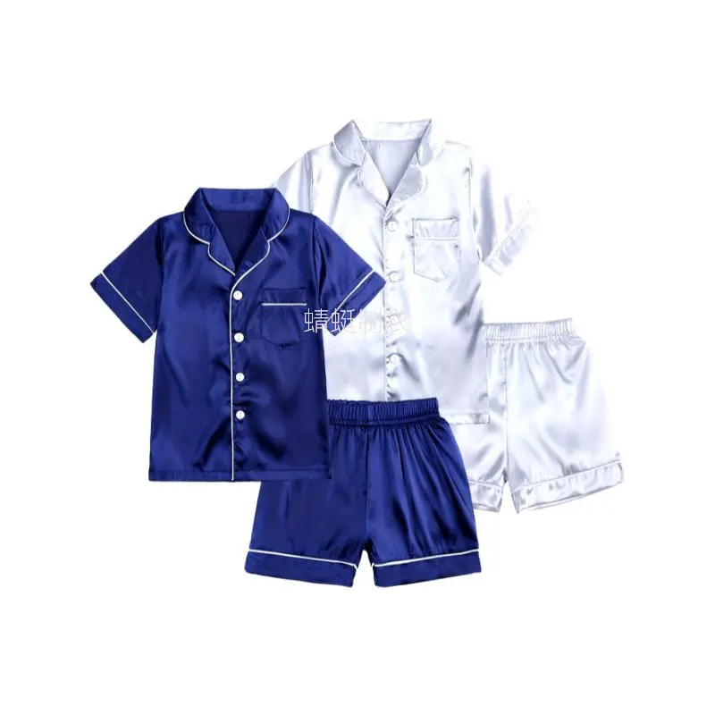 Kids' Sleepwear Set, 2-Piece Solid Color Simulated Silk Button-Down Top and Shorts for Boys & Girls Ages 4-14 Years, Collared Pajama Set, Pajama Set