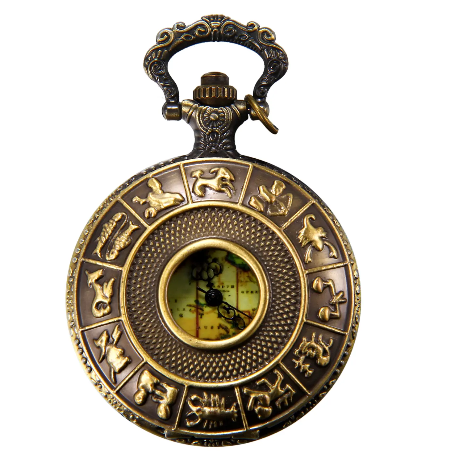 OIDEA Unisex Vintage Zodiac Pocket Watch - Copper-Tone Alloy Body, 12 Zodiac Constellation Flip Cover, World Map Dial, Quartz Movement, 32-Inch Necklace Chain, Fashion Accessory, Collectible Travel Gift