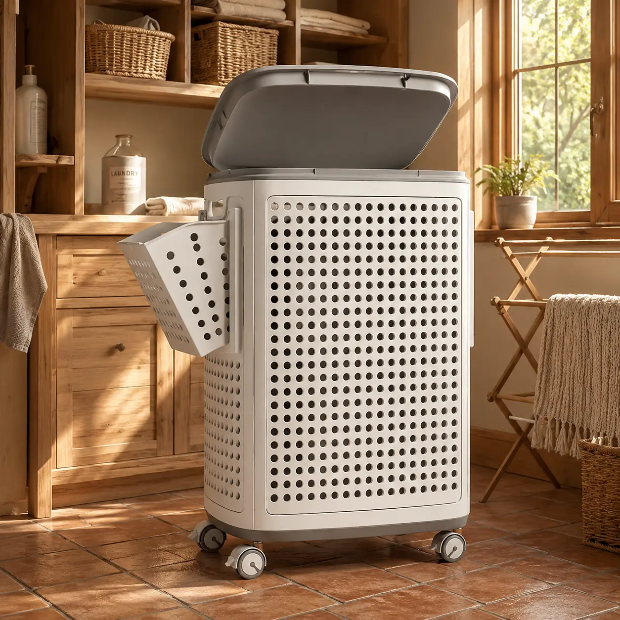 Joybos Sturdy Geometric Folding Laundry Basket with Wheels, Lid, Carry Handles, Freestanding Laundry Hamper for Storage, Removable Trays, Heavy-Duty Plastic Utility Bin (Bathroom, Outdoor Use)