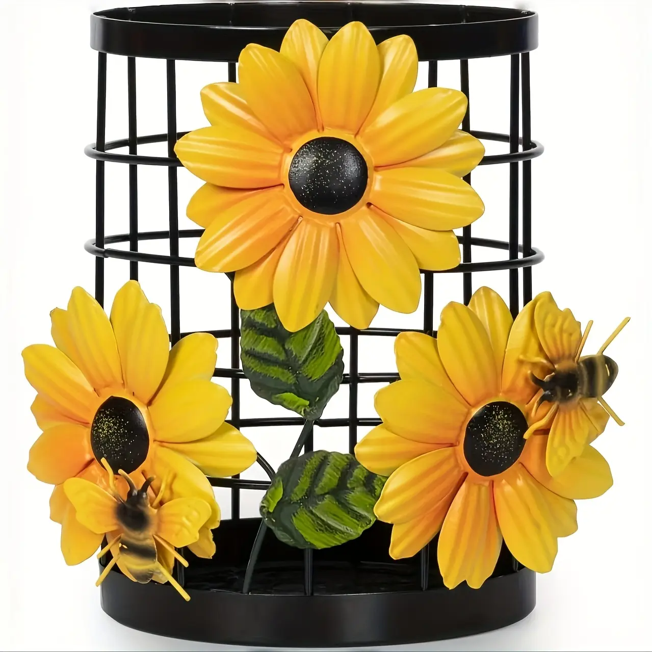 Rustic Farmhouse Cast Iron Hollow Standing Floral Sunflower-Daisy Organizer Bin - Kitchen Utensil Storage Caddy, Coffee Bar Accessory, Decorative Gift Option