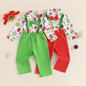 Canrulo 2Pcs Toddler Baby Boys Christmas Clothes Long Sleeve Shirt Tops + Suspender Pants 12M 24M 3T 4T 5T Kids Gentleman Formal Suit