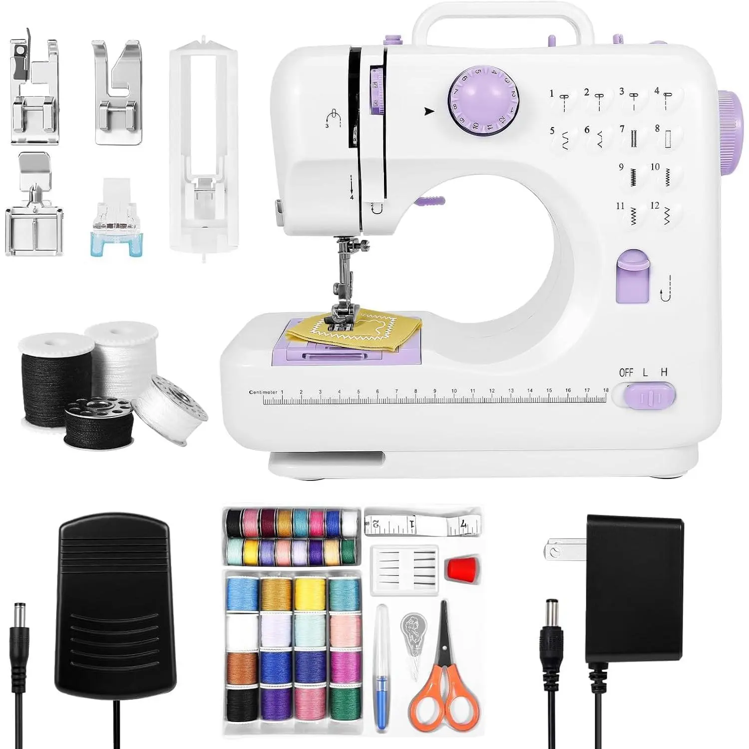 Compact Sewing Machine for Beginners – 12 Built-in Stitches, LED Light, 2 Speed Pedal, and 32 Color Threads for Home Mending & Crafting