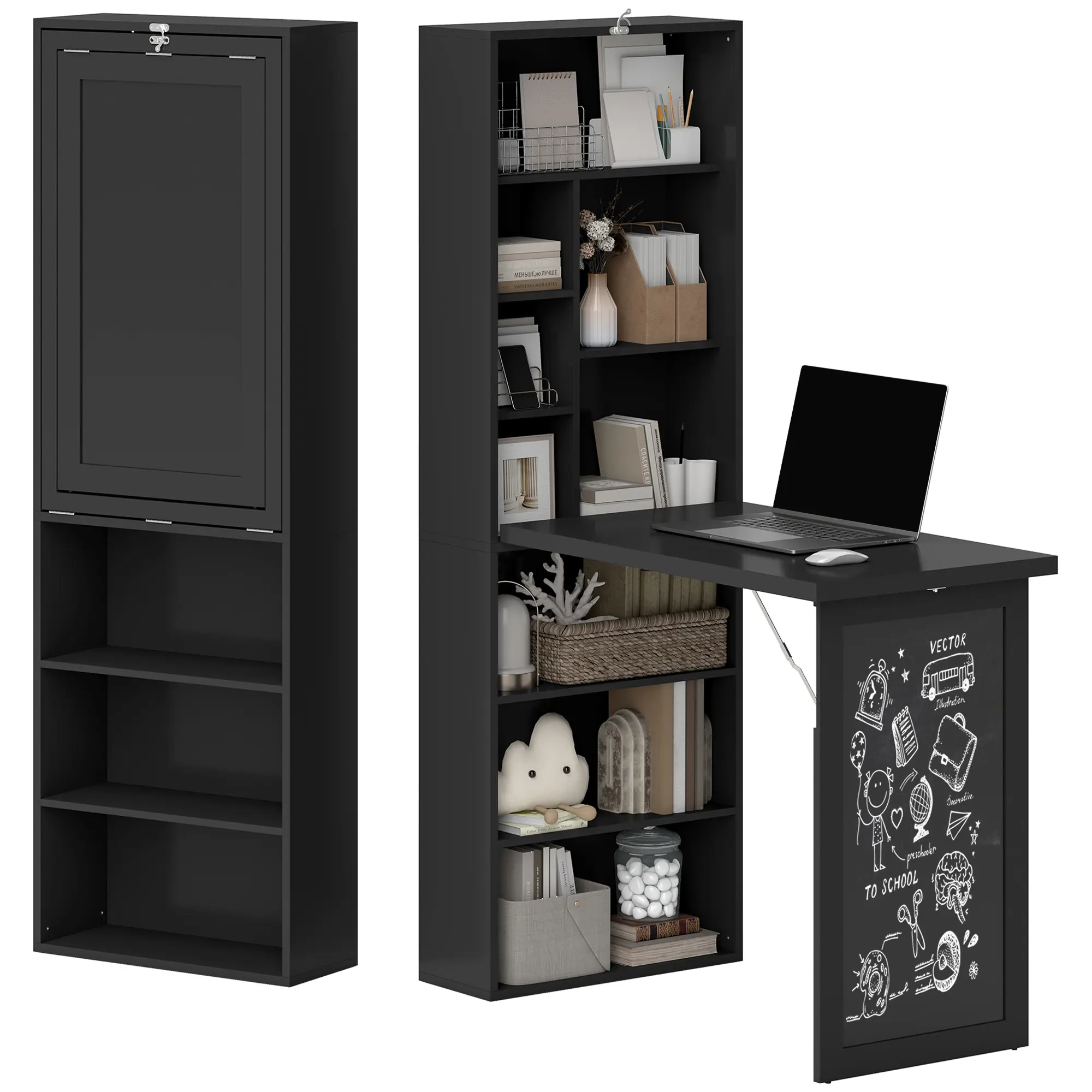 Black wall-mounted foldable multifunctional desk with chalkboard and side shelves features slim folded depth ideal for home office use in small apartments, 110 Pounds