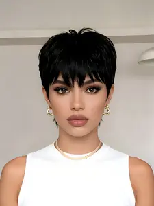 pixie cut black color for women stylish gift wig short straight Adjustable Human Hair wig machine made pixie wig daily party use human hair wig