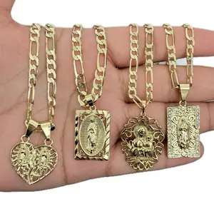 Figaro Virgencita 14K Gold Plated Necklace with Unique Pendant Design, Water-Resistant and Durable Finish