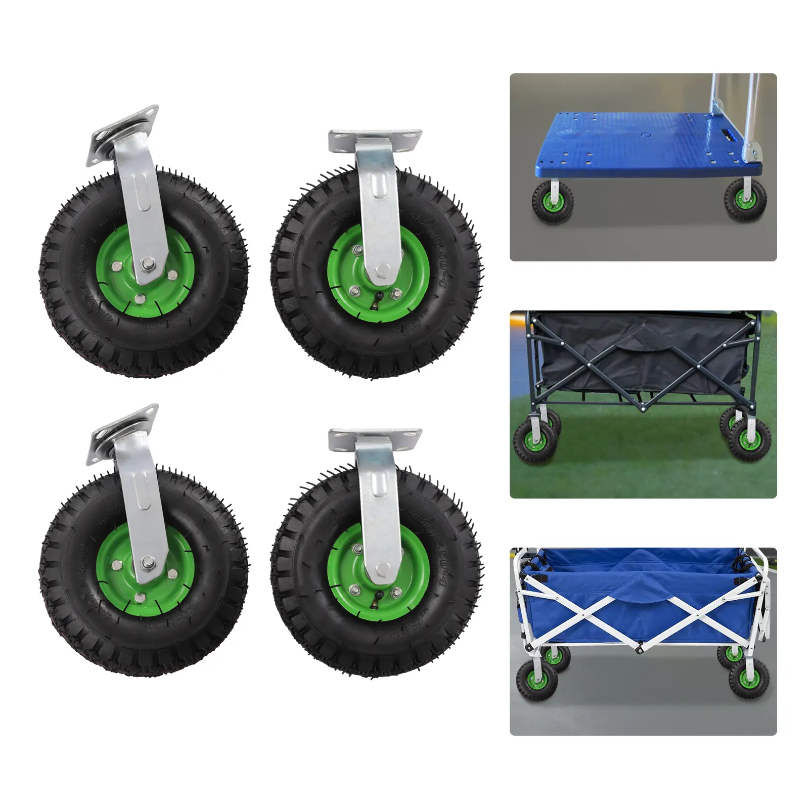 Heavy Duty 4-Piece 10 In Anti-Slip Pneumatic Caster Wheels Set - 2 Swivel, 2 Directional Wheels, 661.39lbs Load Capacity, Inflatable Rubber Tires, Dual Ball Bearings, Galvanized Plate Mount, Easy to Install for Tool Boxes, Industrial Carts