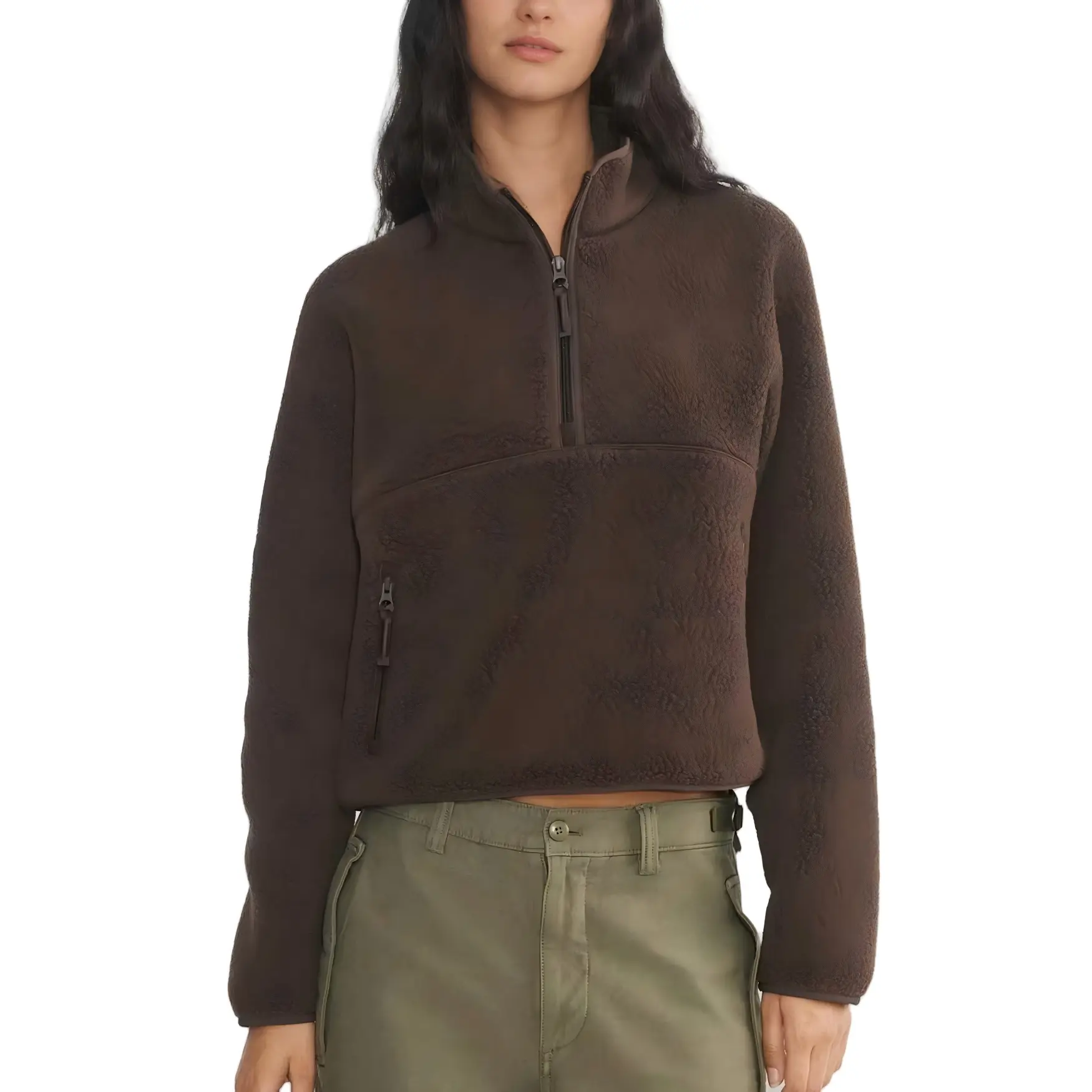 Talakeno Women's Thermal Fleece Cropped Half-Zip Sherpa Pullover Varsity Coat, Basic Breathable Tops with Zipper Pockets, Coats, Polyester, Casual, Collared, Sweatshirt, Fuzzy, Fit, Drop Shoulder, Biking