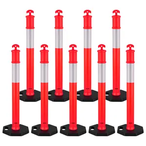 【fathersdaygift】VEVOR 9 Pack Traffic Delineator Posts, 45 inches Traffic Safety Cones with Weighted Base and Reflective Strips, Heavy Duty Delineator Posts for Construction Site, Parking Lot, Crowd Control, Red, Hi-Visibility Safety Cones