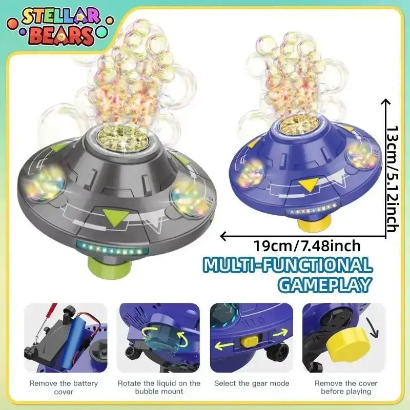 Upgraded UFO-shaped multi-functional bubble machine toy - Automatic With LED lights, music function, obstacle avoidance rotating bubble gun, 32-hole large output, suitable for children's outdoor summer play