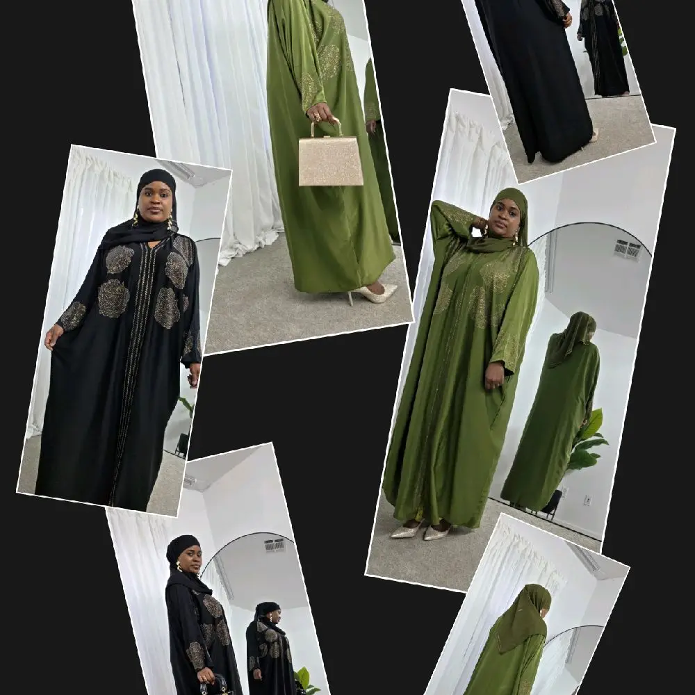 Herglam Abaya 2 Piece Set with Abaya and Matching Hijab Available in Black and Olive Colors for Women's Fashion
