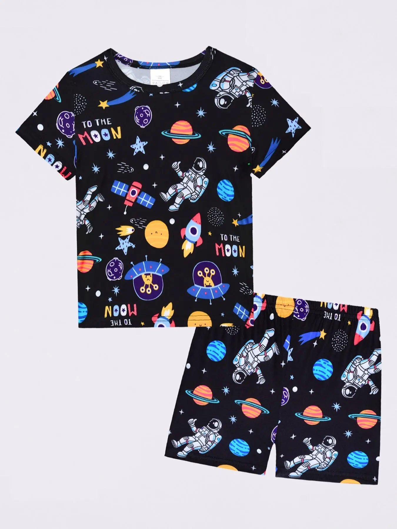 Boy Round Neck Short Sleeve Pajama Set, Astronaut Cartoon Print, Cartoon Pattern Pajamas, Casual Comfy Pajama, Fashion Home Wear, Comfortable Fitted for Kids, Round Neck Pajamas, Sleepwear Pajamas