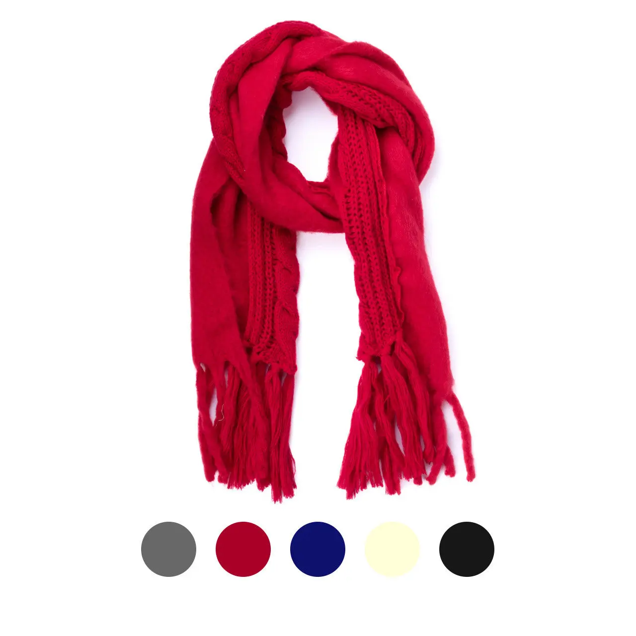 Women's Chunky Knit Scarf - Mixed Knit Design, Long Tassel Detail, Thick Yarn Scarves for Cold Weather, Chunky Knit Scarves