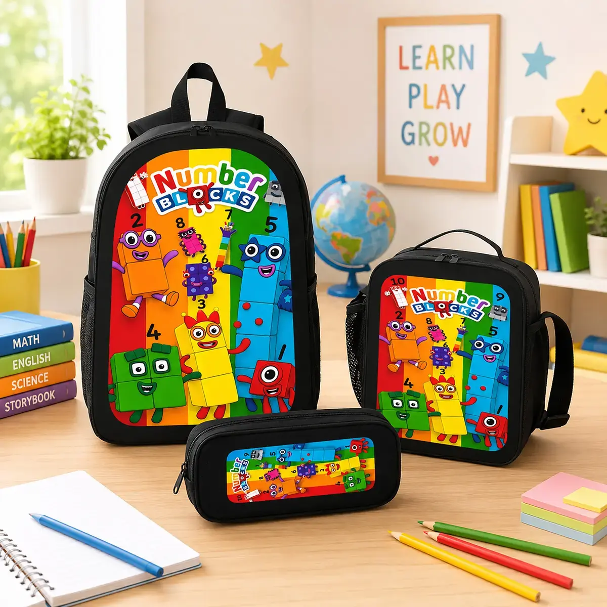 Numberblocks Unisex 3-Piece Back to School Set - Cute Backpack, Polyester Pencil Case, Lunch Bag, Cartoon Design, Lightweight, Large Capacity, Breathable Bookbag for Kindergarten Toddlers