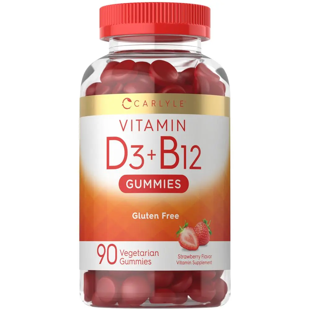 Carlyle Vitamin D3 + B12 Complex Gummies | 90 Count | Vegetarian, Non-GMO, and Gluten Free Formula | Strawberry Flavor Supplement